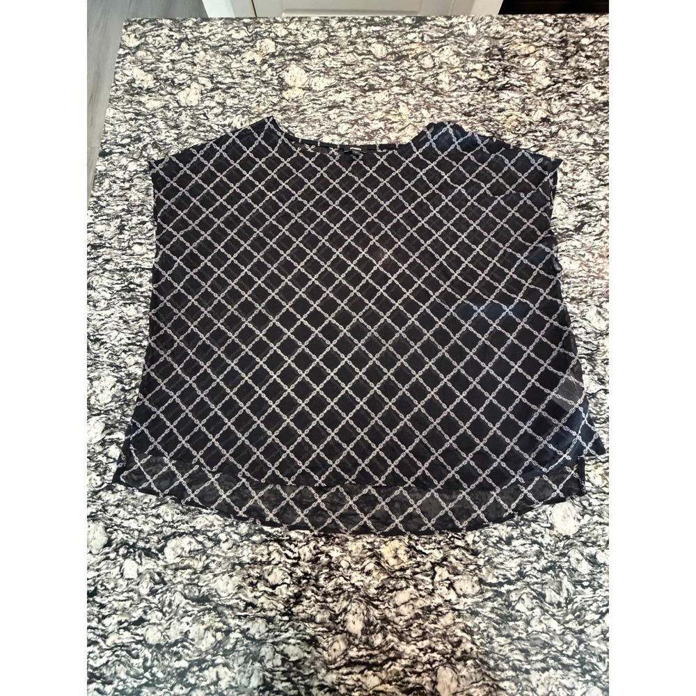 Express Black White Chain Link Grid Print Short Sleeve Sheer Blouse Medium
